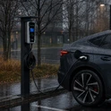 Wallbox 11 kW ST-716 na słupku - ładowanie na zewnątrz Wallbox 11 kW ST-716 zamontowany na słupku, ładowanie samochodu elektrycznego na zewnątrz w deszczu
