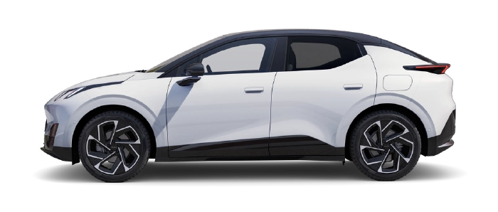 Lynk & Co 02 z profilu - elektryczny crossover z baterią 66 kWh, trójfazową ładowarką pokładową 11 lub 22 kW Type 2 i ładowaniem DC 150 kW