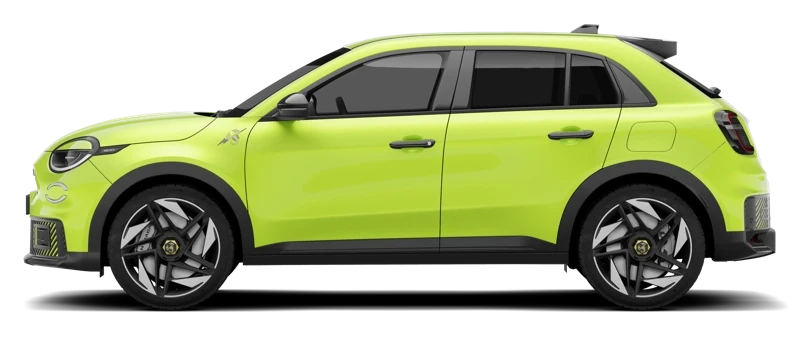 Abarth 600e w kolorze Acid Green z profilu - elektryczny SUV z baterią 54 kWh, ładowaniem AC 11 kW Type 2 i DC 100 kW CCS2