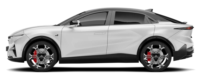 Alpine A390 GTS z profilu - najmocniejszy elektryczny fastback Alpine z baterią 89 kWh, ładowaniem AC 11 lub 22 kW Type 2 i szybkim ładowaniem DC 190 kW CCS2