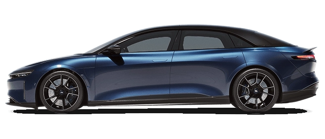 Lucid Air Dream Edition z profilu - elektryczna limuzyna z baterią 118 kWh, trójfazową ładowarką pokładową 22 kW Type 2 i ładowaniem DC do 300 kW