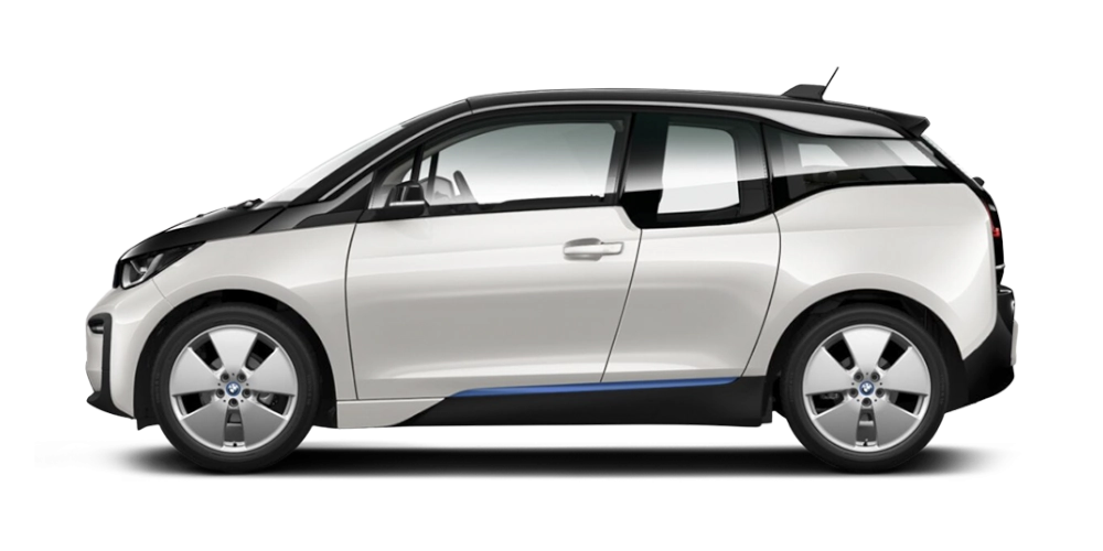 BMW i3 z boku - elektryczny hatchback z baterią do 42,2 kWh, ładowaniem AC do 11 kW przez Type 2 i szybkim ładowaniem DC do 49 kW przez CCS