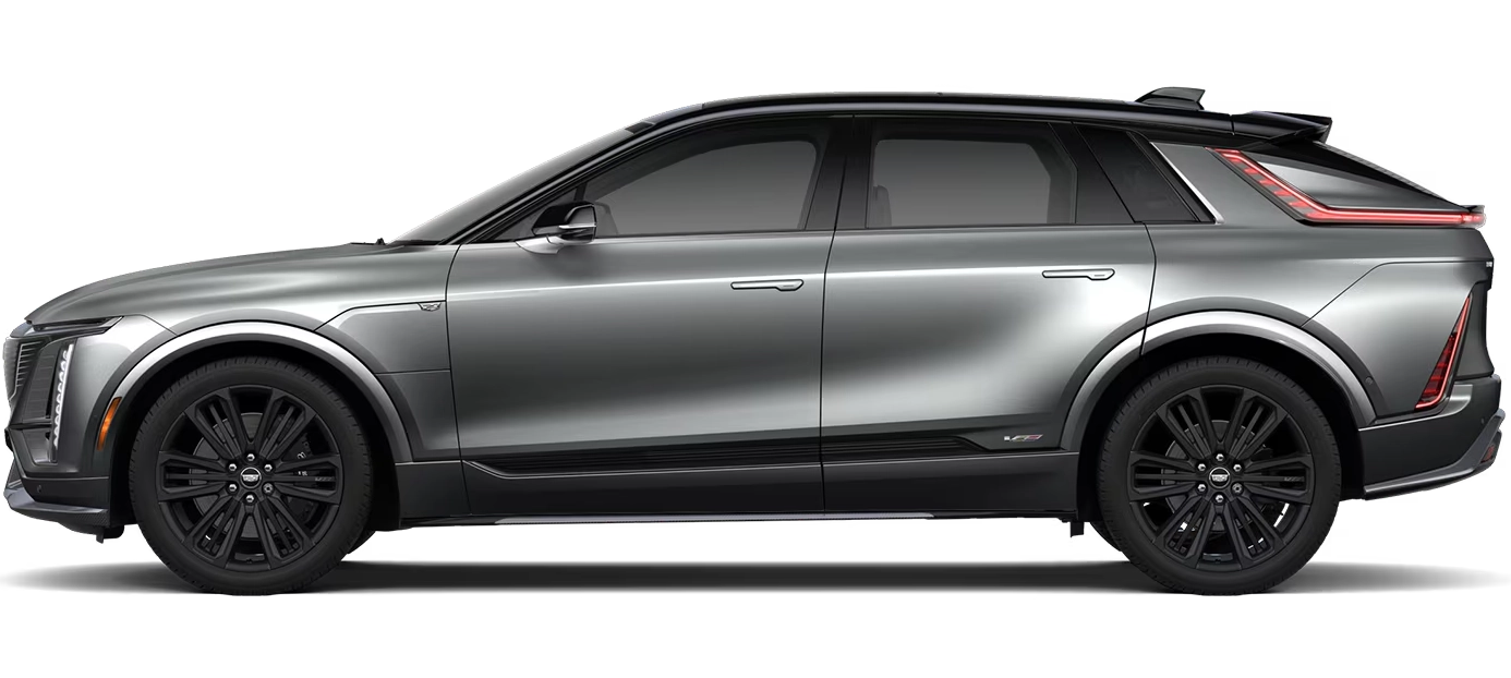 Cadillac LYRIQ-V z profilu - sportowy elektryczny SUV z baterią 91 kWh, ładowaniem AC 22 kW przez Type 2 i DC 130 kW przez CCS2