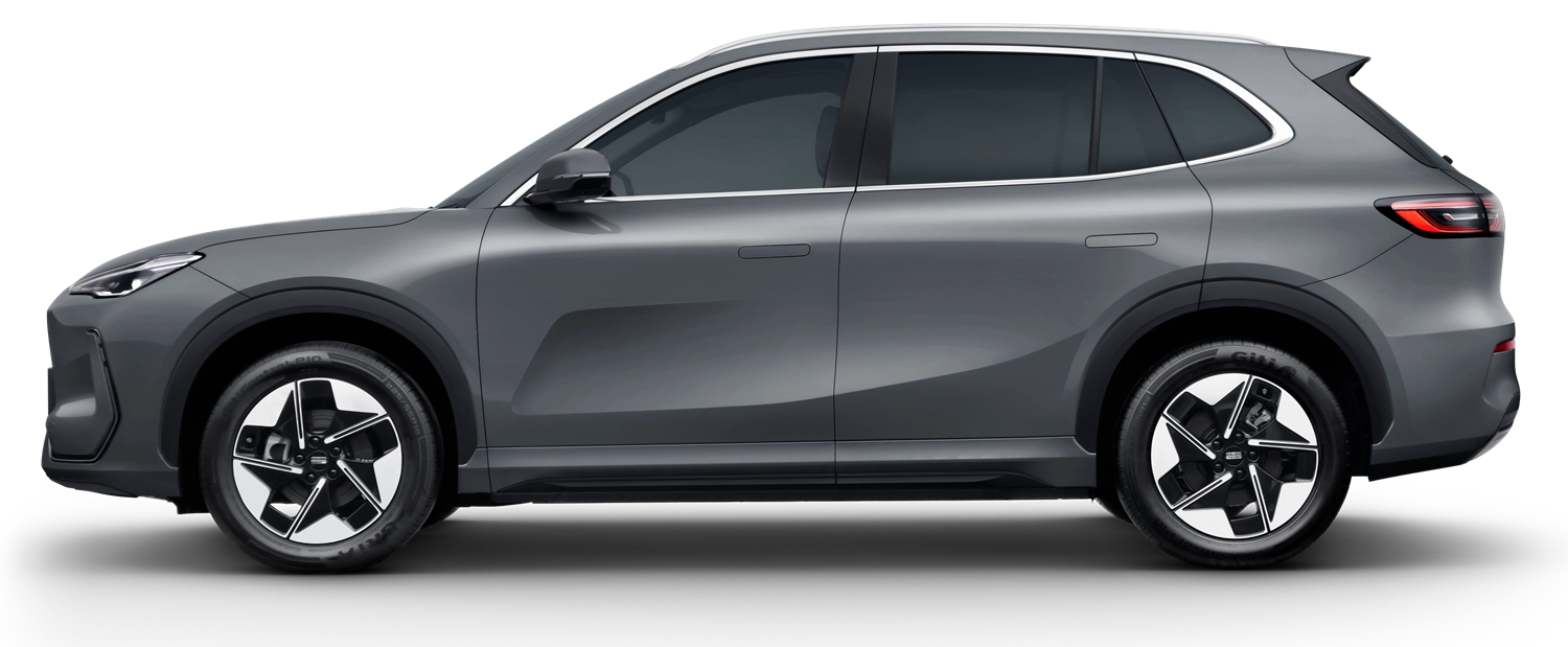 Geely EX5 w kolorze szarym z profilu - elektryczny SUV z baterią LFP 60,22 kWh, ładowaniem AC 11 kW Type 2 i DC 100 kW przez CCS2
