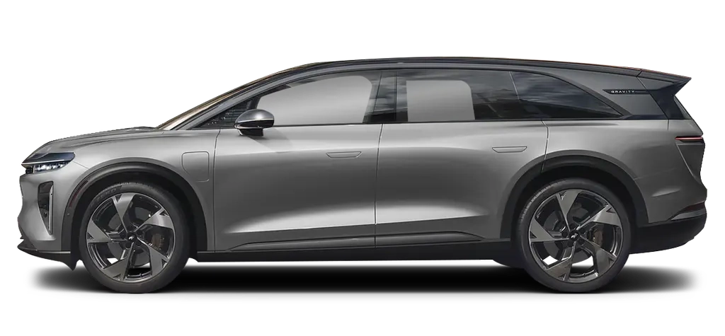 Lucid Gravity z profilu - siedmioosobowy elektryczny SUV z baterią 89 lub 123 kWh, trójfazową ładowarką pokładową 22 kW Type 2 i ładowaniem DC do 400 kW