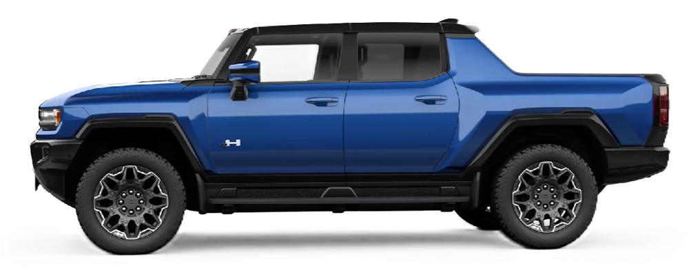 GMC Hummer EV Pickup z profilu - elektryczny pickup z baterią 212,7 kWh, jednofazowym ładowaniem AC przez Type 1 i szybkim ładowaniem DC 350 kW przez CCS1