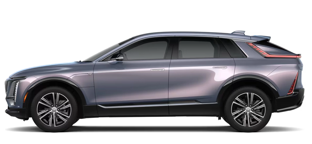 Cadillac LYRIQ 600 E4 AWD z profilu - elektryczny SUV z baterią 102 kWh, ładowaniem AC 22 kW przez Type 2 i DC 190 kW przez CCS2