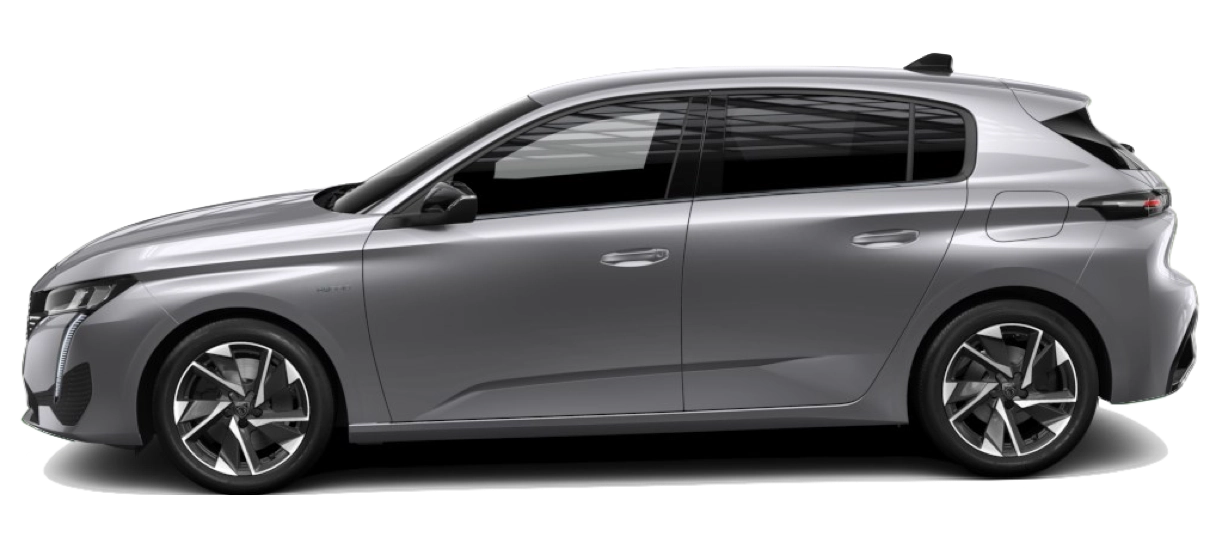 Szary Peugeot 308 hatchback z profilu, wersja sprzed liftingu - hybryda plug-in z baterią 12,4 kWh i jednofazową ładowarką pokładową 3,7 kW lub 7,4 kW przez Type 2