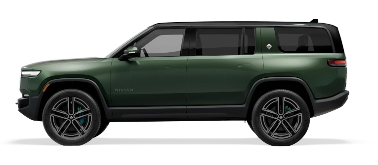 Rivian R1S 2022-2024 - elektryczny SUV z trzema rzędami siedzeń, bateria 106-141 kWh, jednofazowe ładowanie AC 11,5 kW przez Type 1 i DC do 220 kW przez CCS1