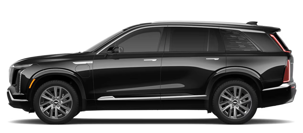Cadillac VISTIQ 900 E4 AWD z profilu - siedmioosobowy elektryczny SUV z baterią 91 kWh, ładowaniem AC 22 kW przez Type 2 i DC 130 kW przez CCS2