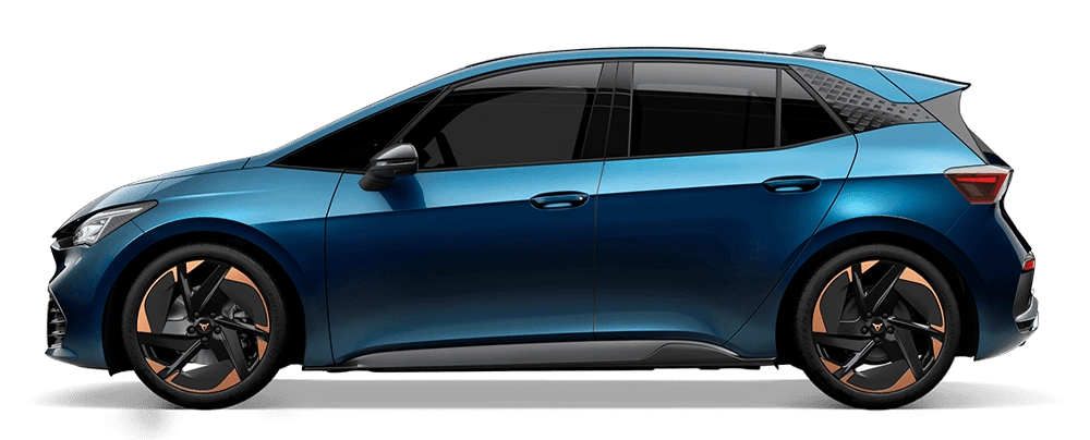 Cupra Born 2026 z profilu - elektryczny hatchback z baterią 58 lub 79 kWh, trójfazową ładowarką pokładową 11 kW Type 2 i ładowaniem DC przez CCS2
