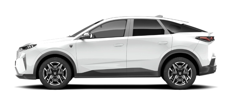 Niebieski Peugeot E-3008 z profilu - elektryczny SUV coupé 210 KM z baterią 73 kWh netto, trójfazową ładowarką pokładową 11 kW i DC do 160 kW