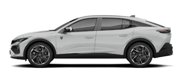Zielony Peugeot E-408 z profilu - elektryczny fastback z baterią 58,2 kWh netto, trójfazową ładowarką pokładową 11 kW przez Type 2 i ładowaniem DC do 120 kW przez CCS2