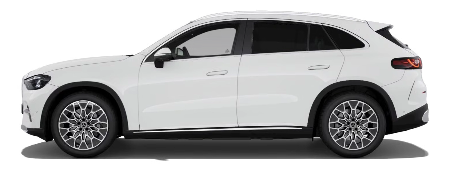 Biały Mercedes-Benz GLC elektryczny X549 z profilu - SUV na platformie 800 V z baterią 85 lub 94 kWh, ładowaniem AC 11 kW (opcja 22 kW) przez Type 2 i DC do 330 kW przez CCS2