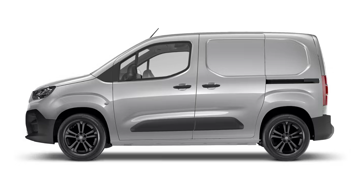 Fiat E-Doblo z profilu - kompaktowy elektryczny furgon z baterią 51 kWh, trójfazową ładowarką pokładową 11 kW i ładowaniem DC do 100 kW