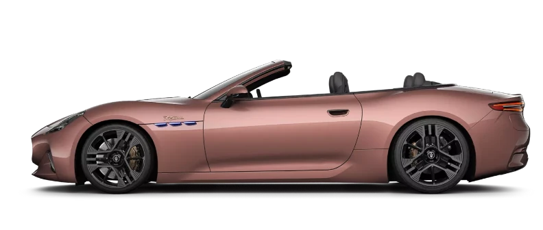 Maserati GranCabrio Folgore z profilu - elektryczny kabriolet 761 KM z baterią 92,5 kWh, trójfazową ładowarką pokładową 22 kW Type 2 i ładowaniem DC do 270 kW