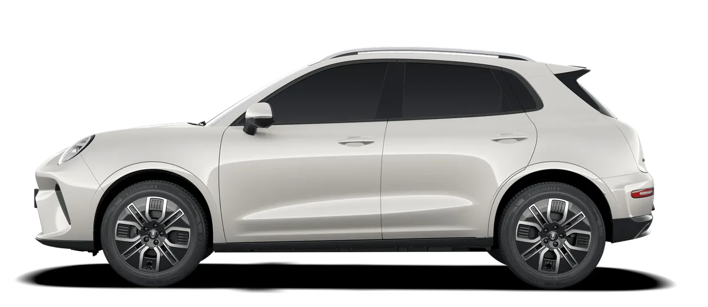 GWM ORA 5 z profilu - elektryczny SUV z baterią LFP 58,3 kWh, trójfazowym ładowaniem AC 11 kW przez Type 2 i ładowaniem DC 120 kW przez CCS2