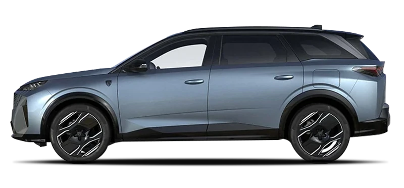 Peugeot E-5008 z profilu - siedmioosobowy elektryczny SUV z baterią 73 kWh netto, trójfazową ładowarką pokładową 11 kW i ładowaniem DC do 160 kW