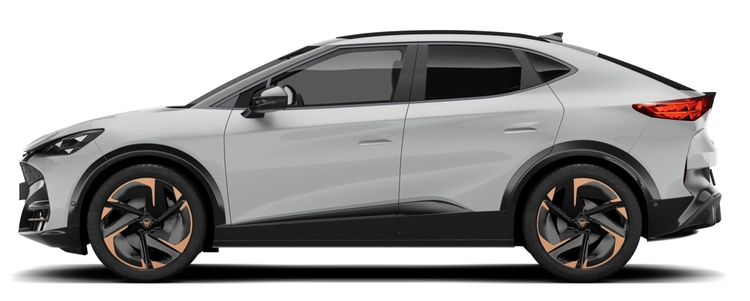Cupra Tavascan z profilu - elektryczny SUV coupe z baterią 77 kWh, trójfazową ładowarką pokładową 11 kW Type 2 i ładowaniem DC do 135 kW przez CCS2